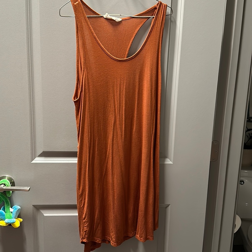 Audrey 3 + 1 orange tank dress with cute back layering. Above knee to mid thigh.